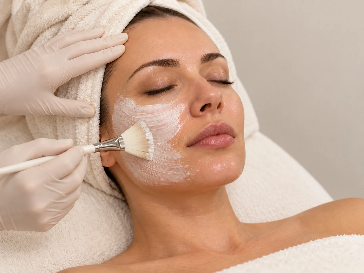 Limpieza de cutis delicada con pincel y mano profesional enguantada