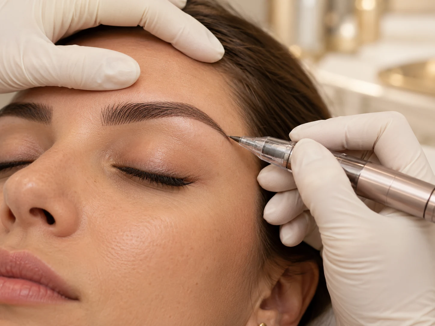 Profesional realizando cuidadosamente una micropigmentación de cejas