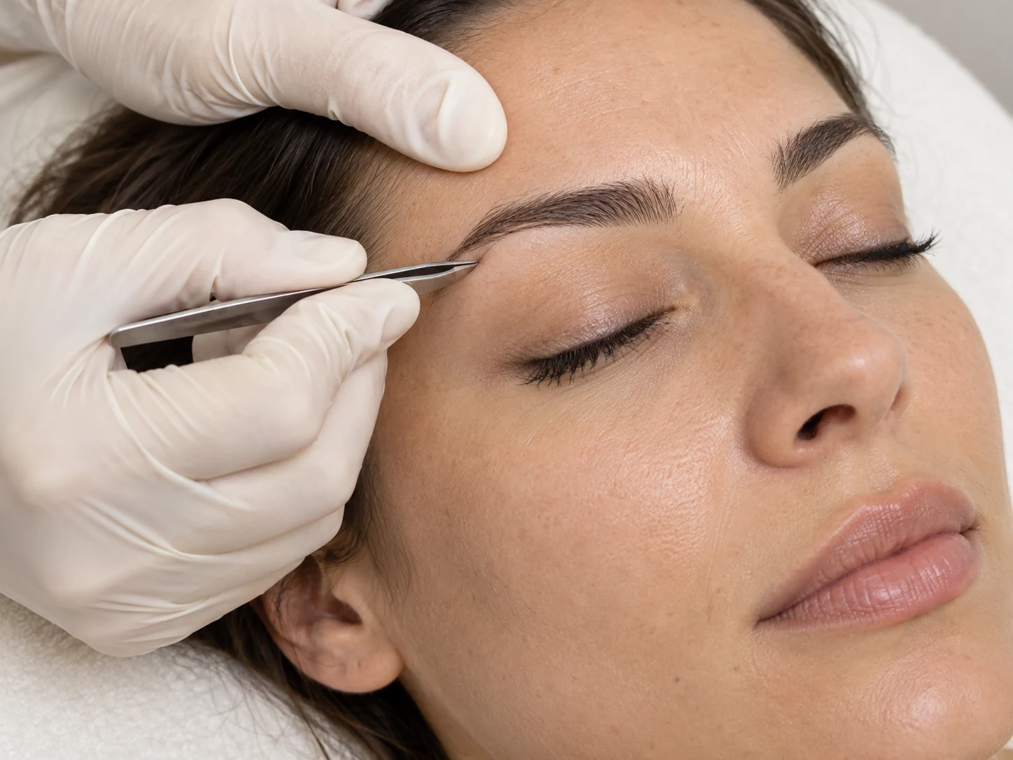 Perfilado de cejas con pinza y manos con guantes; imagen ilustrativa